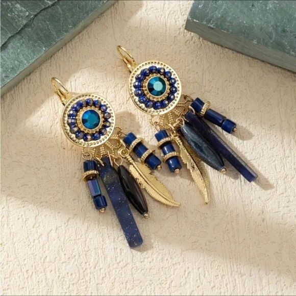 Bohemian Rhinestones Gold and Blue Dangle Crystal Charm Earrings - Picture 2 of 5